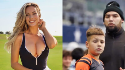 Photo of Paige Spiranac smiling and photo of Baby Gronk with his father