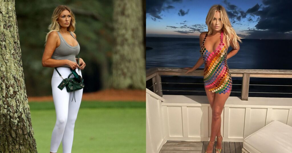 Paulina Gretzky at golf course. Paulina Gretzky posing in colorful dress