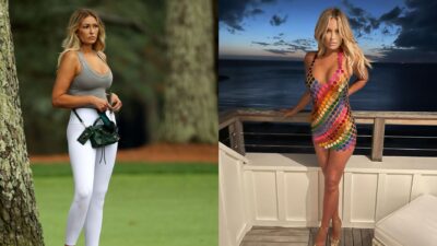Paulina Gretzky at golf course. Paulina Gretzky posing in colorful dress