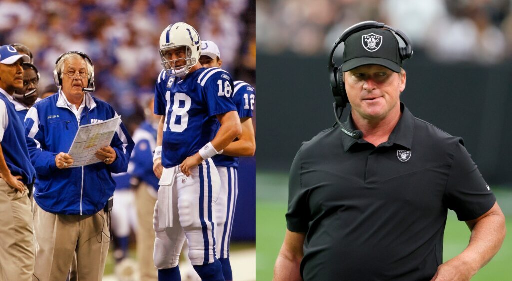 Split image of Peyton manning talking to Tom Moore on the field, and Jon Gruden coaching a game with his headset on.