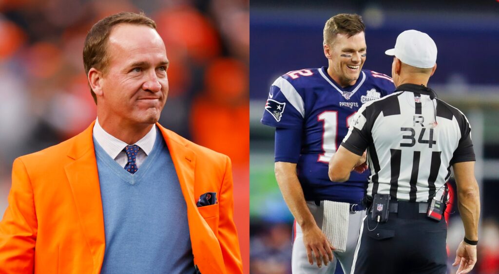 Peyton Manning in an orange sport coat and Tom Brady on the field talking to the ref before a game.