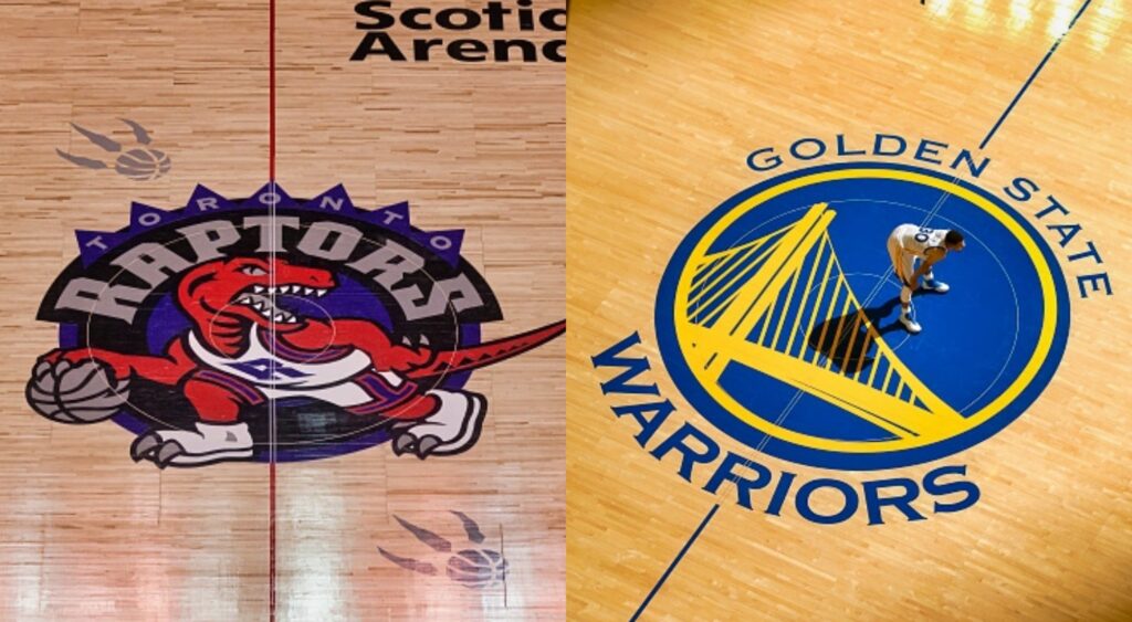 Split image of Raptors and Warriors logos on the court.