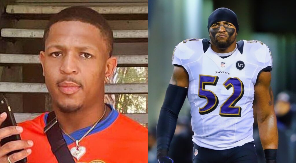Split image of Ray Lewis' son and Ray Lewis after a game.