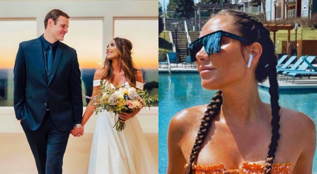 Split image of Ryan Mallett and Tiffany Seeley getting married and Tiffany Seeley by the pool in sunglasses.