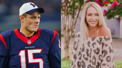 Photo of Ryan Mallett in Texans gear and photo of Madison Carter smiling