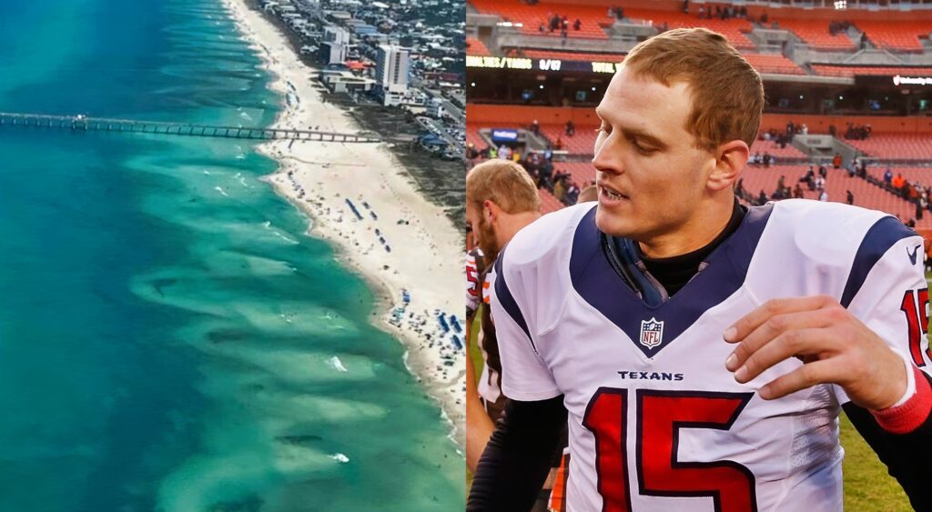 Split image of sky view of the beach and Ryan Mallett shaking hands after a game.