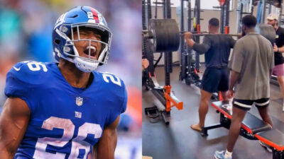 Photo of Saquon Barkley in Giants gear and photo of Saquon Barkley squatting