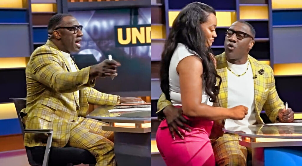 Photo of Shannon Sharpe speaking on Undisputed and photo of Shannon Sharpe hugging his daughter