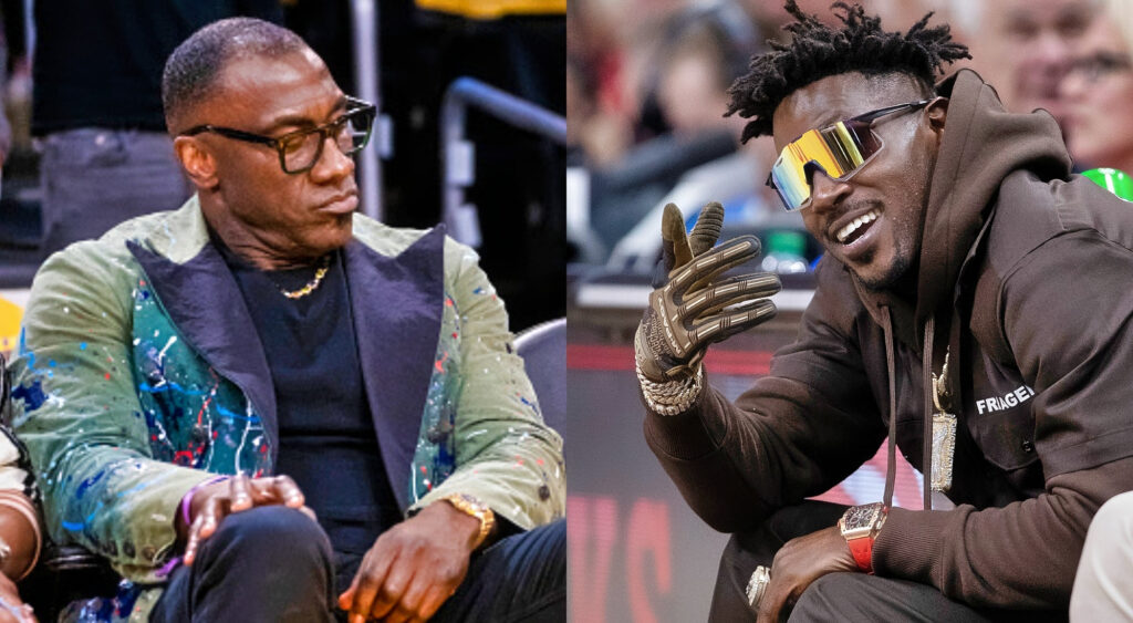 Photo of Shannon Sharpe courtside at NBA game and photo of Antonio Brown gesturing