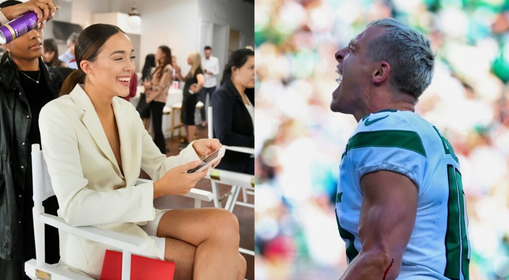 Split image of Sophia Culpo laughing with her phone in her hand while getting her hair done, and Braxton Berrios screaming during a game with his helmet off.