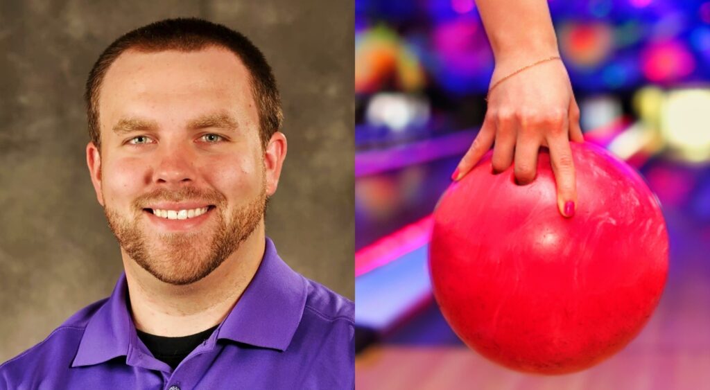 Photo of Steve lemke smiling and photo of female hand in bowling ball