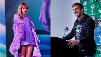 Photo of Taylor Swift in purple outfit and photo of Aaron Rodgers speaking at press conference