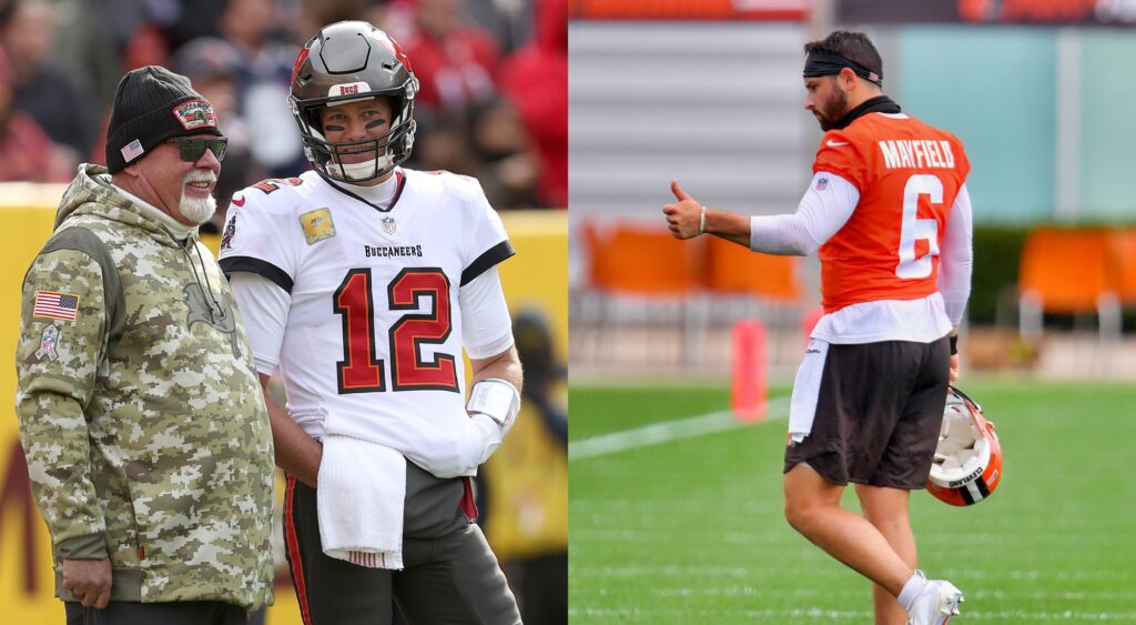 Split image of Tom Brady and Bruce Arians talking before a game, and Baker Mayfield giving a thumbs up after practice.