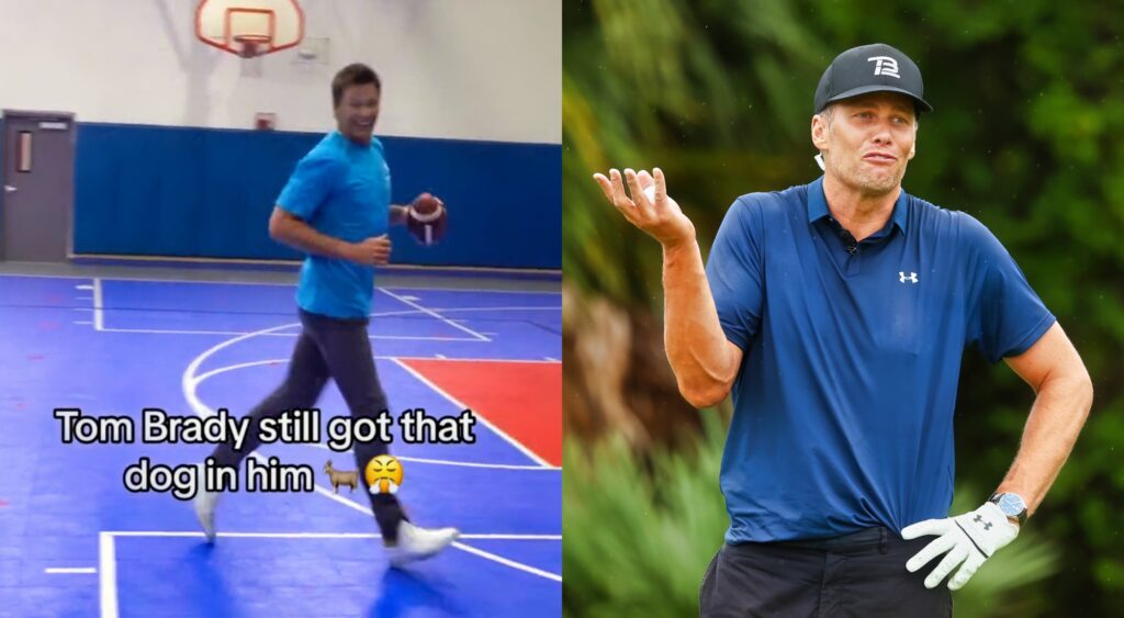 Split image of Tom Brady playing football in a gym and Brady shrugging on the golf course.