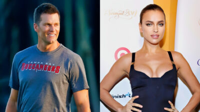 Photo of Tom BRady smiling and photo of Irina Shayk with posing in a black dress