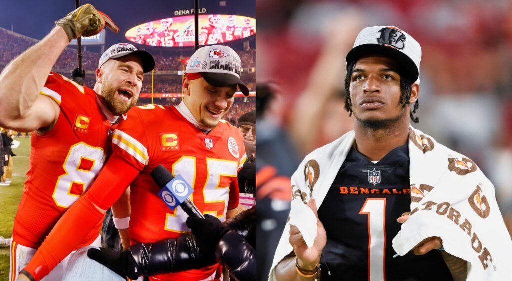 Split image of Travis Kelce celebrating with Patrick Mahomes, and Ja'Marr Chase looking on from the sidelines during a game.