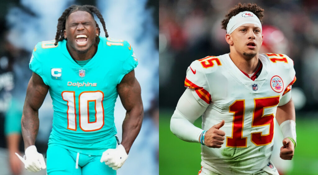 Photo of Tyreek Hill screaming and photo of Parick Mahomes running