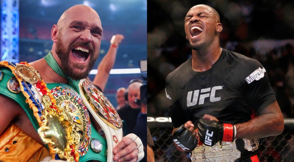 Split image of tyson Fury with his belts and Jon Jones celebrating a UFC title win.