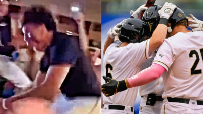 Photo of Wake Forest baseball player celebrating in locker room and photo of Wake Forest baseball players huddling on the pitch