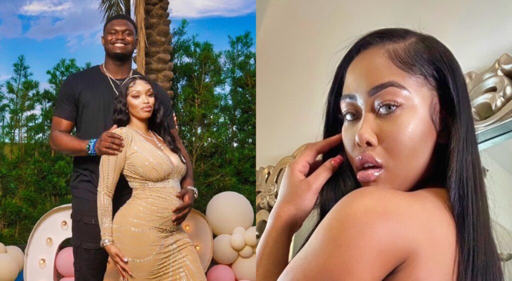Split image if Zion Williamson and his pregnant girlfriend Ahkeema, and Moriah Mills posing for the camera.