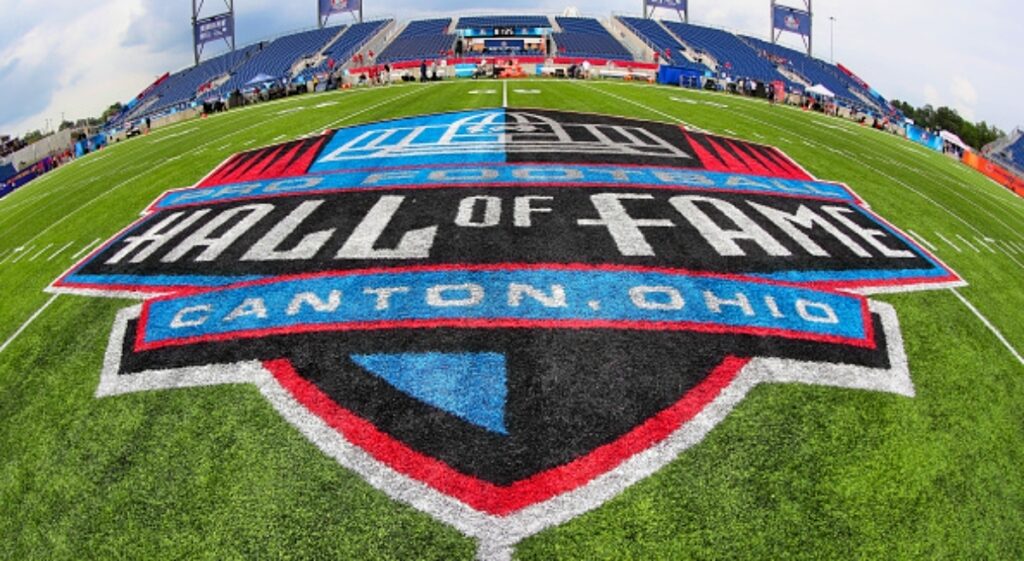 NFL Hall of Fame logo on the field for the Hall of Fame game.