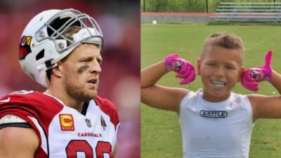 JJ Watt in Cardinals uniform. Baby Gronk flexing muscles.
