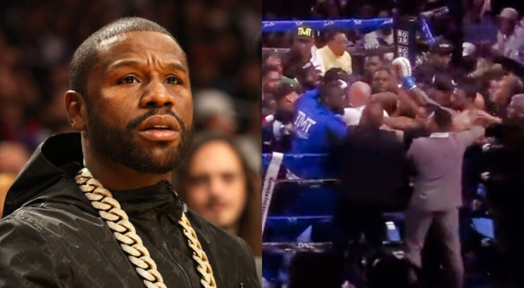 Split image of Floyd Mayweather looking on and a screenshot from the Mayweather-Gotti brawl in the ring.