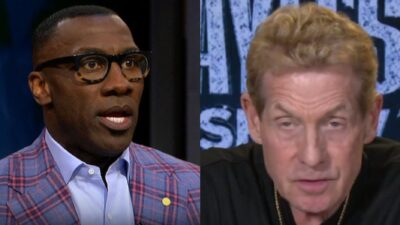 Shannon Sharpe looking shocked. Skip Bayless looking distraught