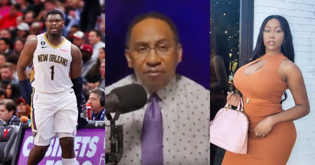 Stephen A. Smith speaking on podcast. Zion wearing uniform. Moriah Mills posing in dress