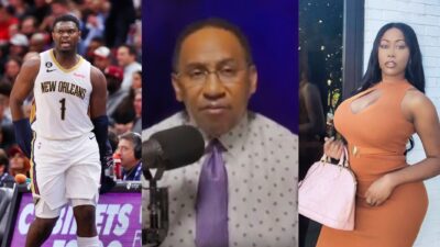 Stephen A. Smith speaking on podcast. Zion wearing uniform. Moriah Mills posing in dress