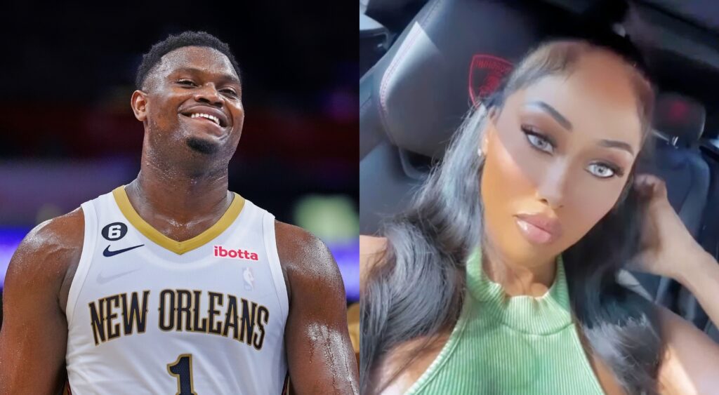 Split image of Zion Williamson on the court smiling and Moriah Mills taking a selfie in the car.