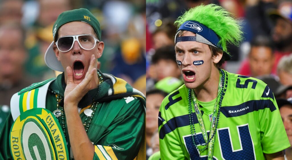 Split image of Packers fan and Seahawks fan yelling.