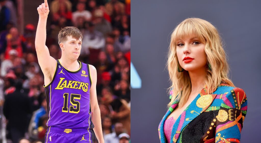 Split image of Austin Reaves holding up a finger during a game and Taylor Swift on the red carpet.