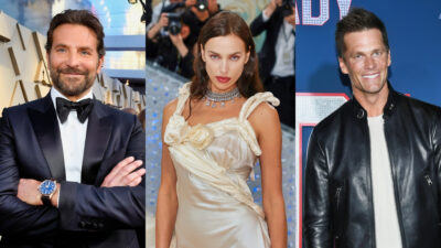 Photo of Bradley Cooper with his hands folded, photo of Irina Shayk in white dress and photo of Tom Brady smiling