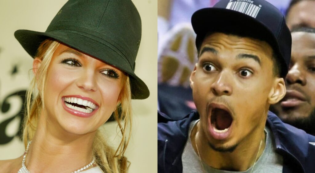 Split image of Britney Spears laughing and Victor Wembanyama with his mouth open in shock.