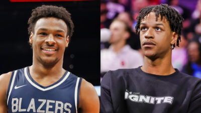 Photo of Bronny james miling and photo of Shareef Oneal sitting courtside
