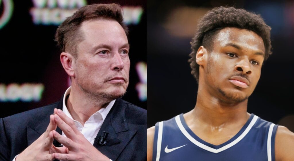 Bronny James in jersey. Elon Musk in suit with his hands touching