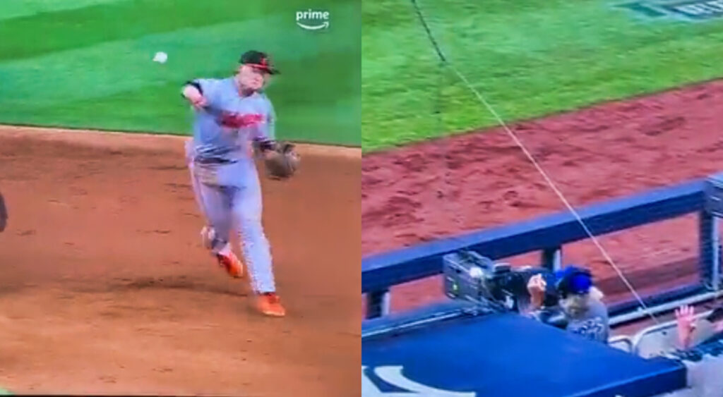 Photos showing cameraman getting hit in the face by overthrow from Orioles player