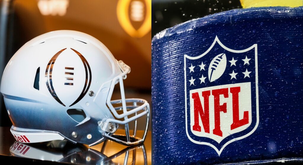 National championship logo shown (left). NFL logo on post (right).