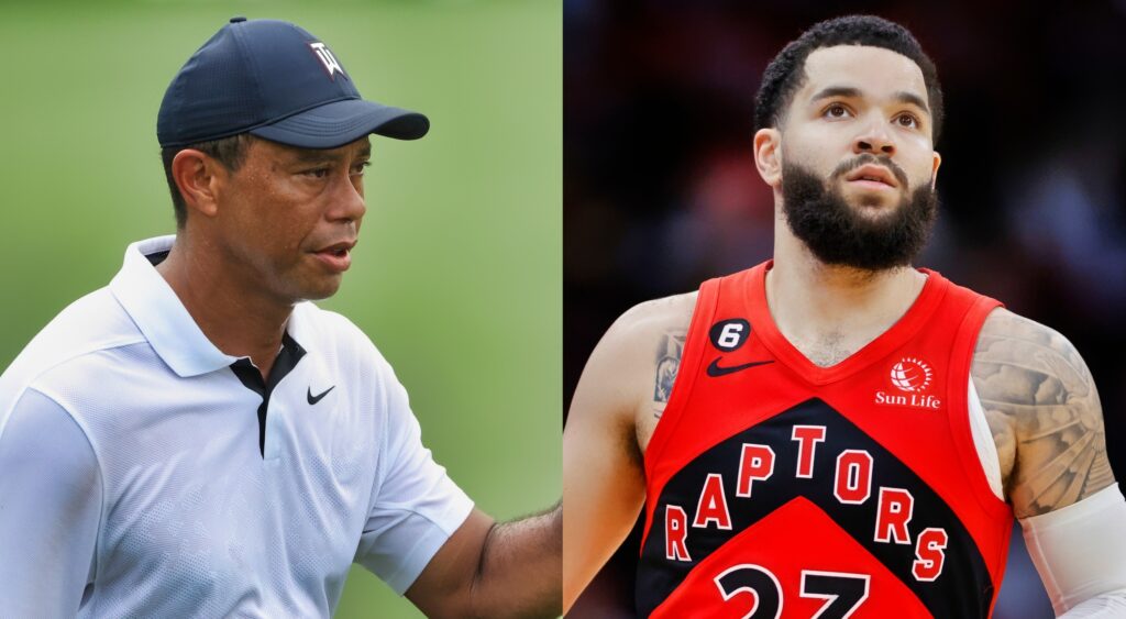 Tiger Woods looking on (left). Fred VanVleet of Toronto Raptors (right).