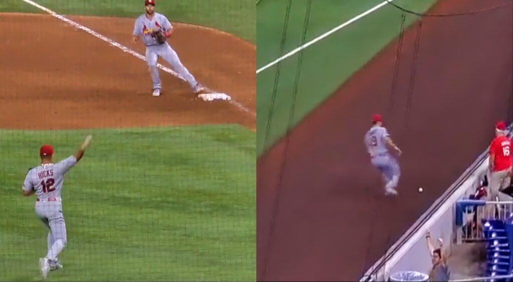 St. Louis Cardinals' pitcher Jordan Hicks throwing ball (left). Cardinals chasing ball (right).