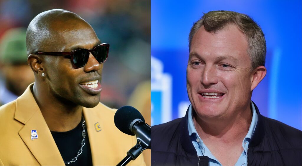 Former NFL wideout Terrell Owens speaking (left). San Francisco 49ers GM John Lynch looking on (right).