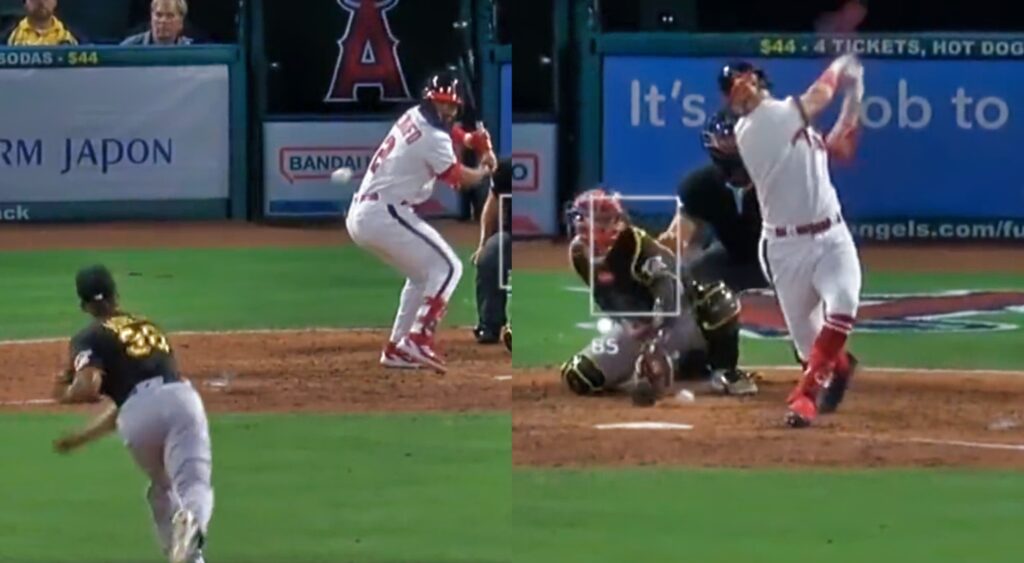 Dauri Moreta of Pittsburgh Pirates throwing a slider (left). Los Angeles Angels' batter swinging at pitch (right).