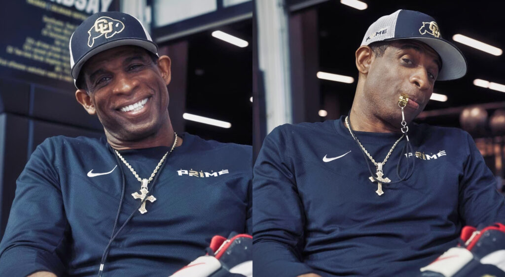 Photos of Deion Sanders showing off signature sneaker