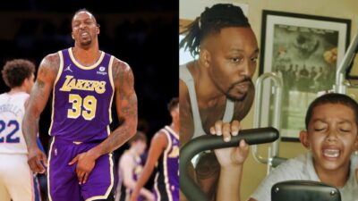 Dwight Howard in Lakers uniform. Dwight Howard with his son crying