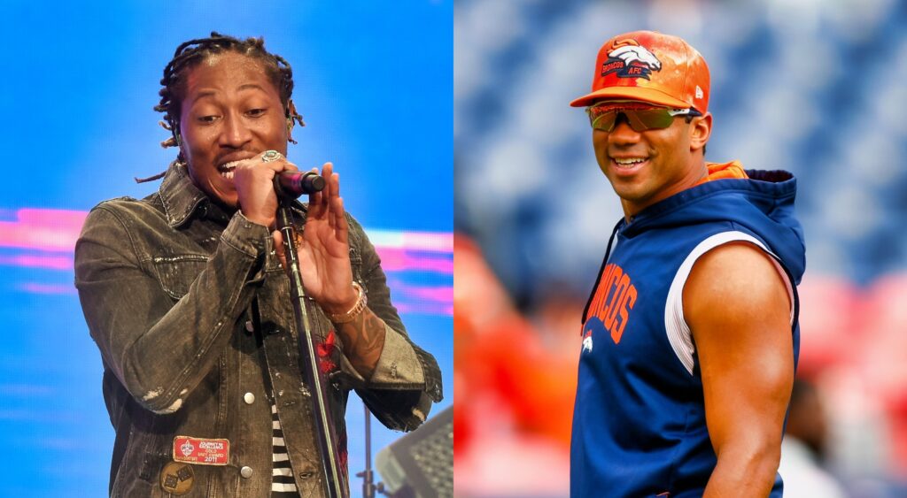 Split image of Future singing and Russell Wilson warning up.