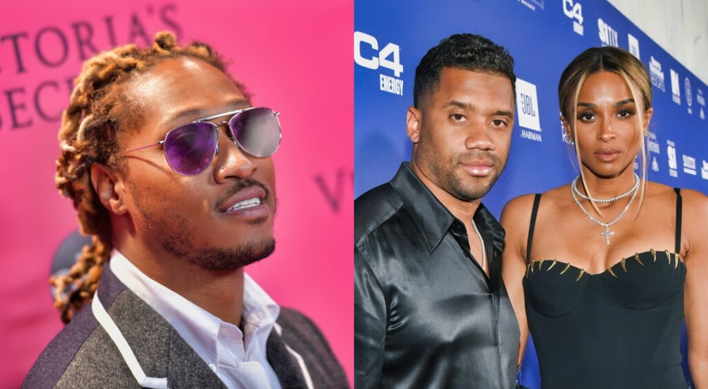 Split image of Future in sunglasses and Russell Wilson posing with Ciara.