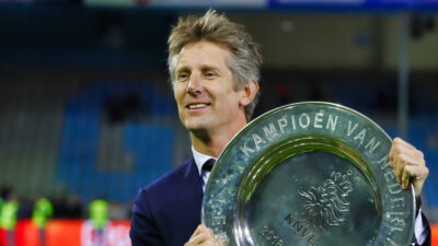 Edwin van der Sar holding Eredivisie trophy