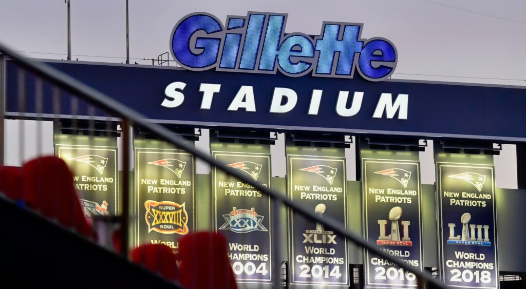 The sign at Gillette Stadium above the Patriots' championship banners.