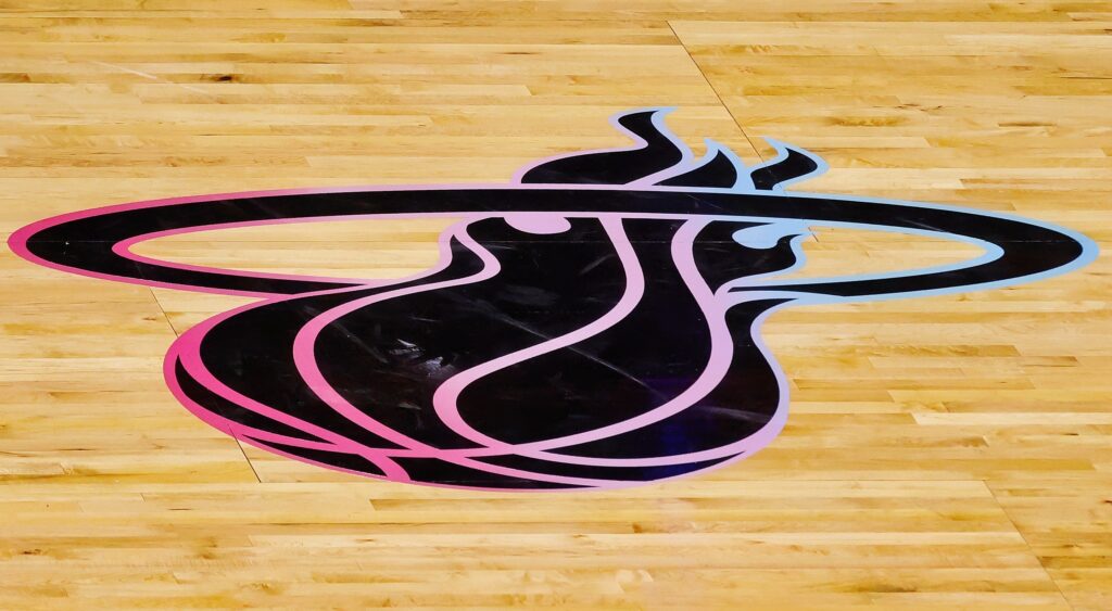 Miami Heat logo on the hardcourt.